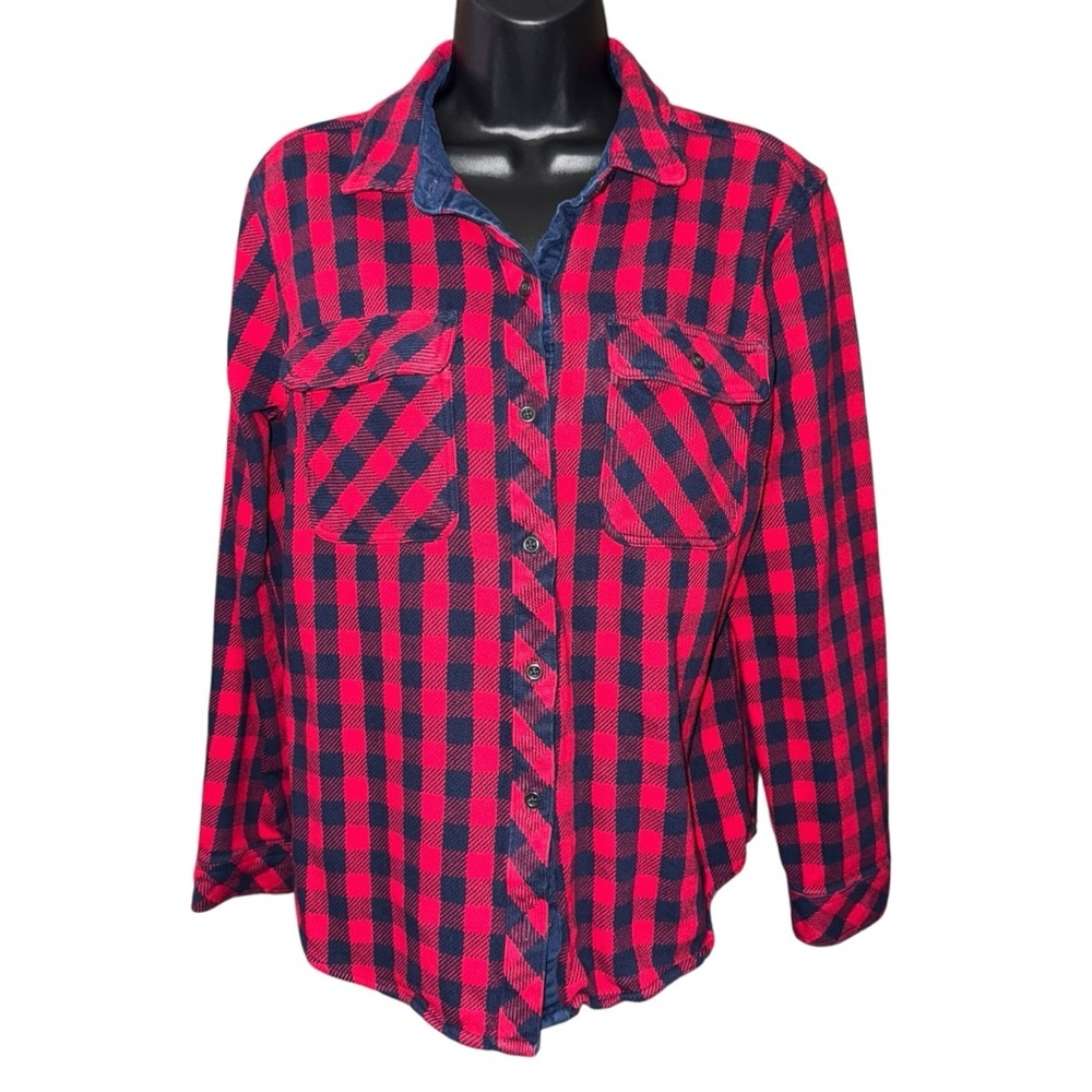 Eddie Bauer Women’s Heavy Flannel Shirt Red Black Plaid Large Elbow Patches